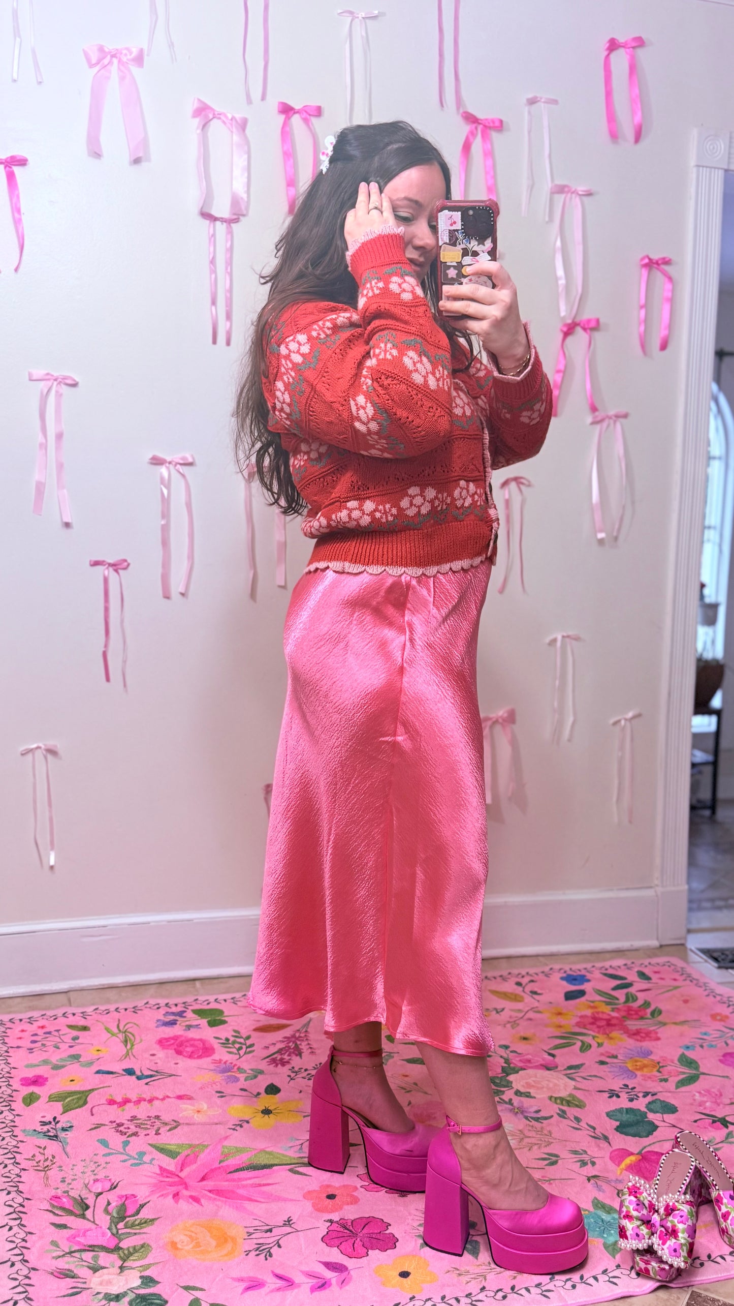 Rose Pink Satin Midi Skirt