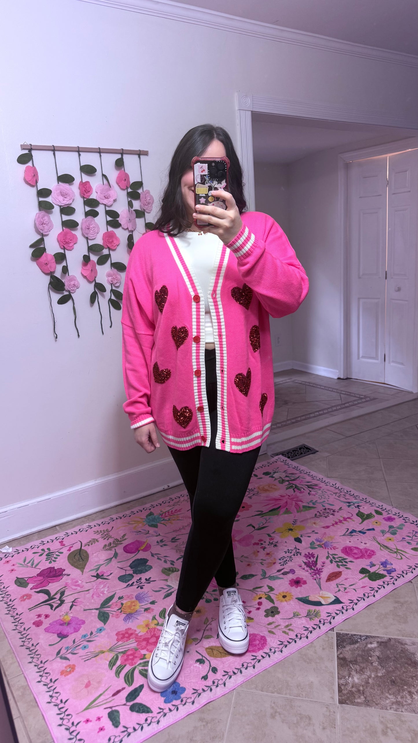 Happy Heart Sequin Cardi – Pink Valentine Cardigan