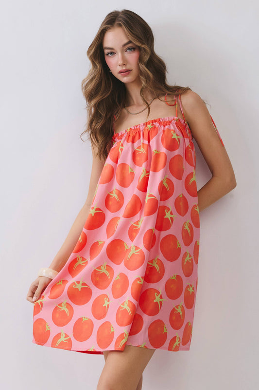 Tomato Print Elastic Neckline Swing Mini Dress