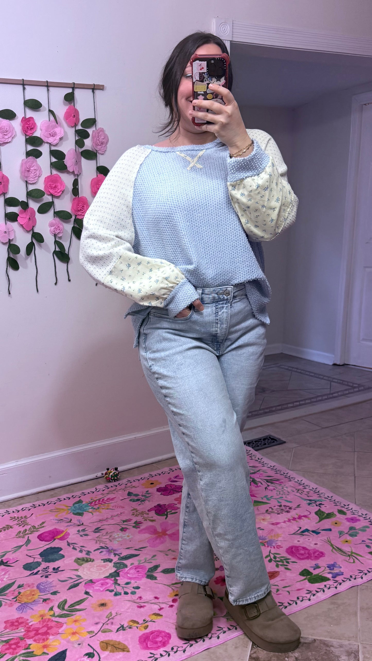 Blue Floral Raglan Knit Top | Casual Colorblock Long Sleeve