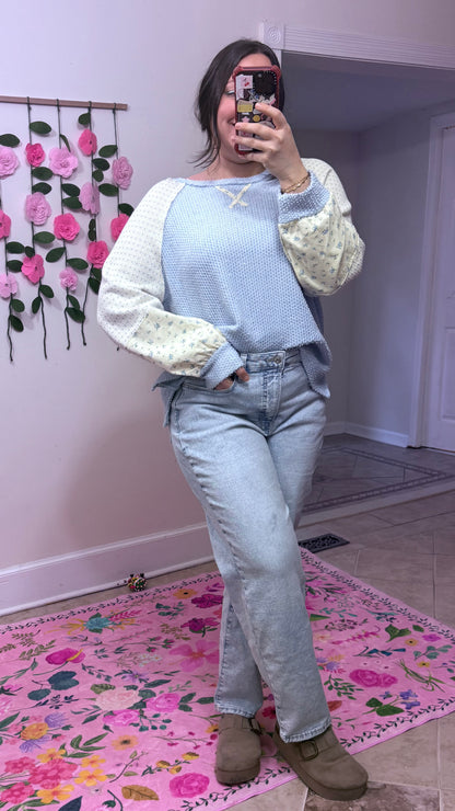 Blue Floral Raglan Knit Top | Casual Colorblock Long Sleeve
