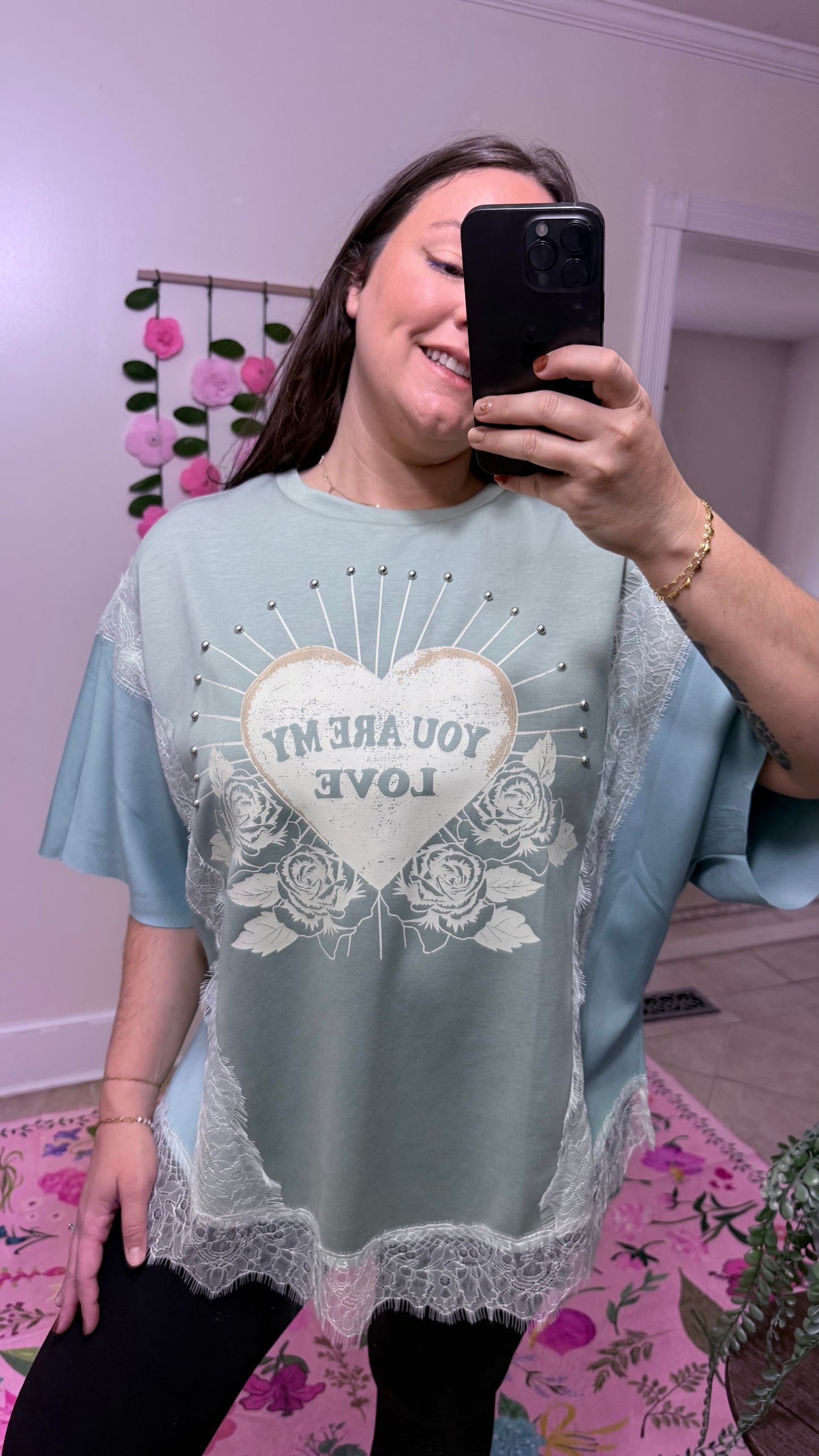 You Are My Love Graphic Lace Top – Sage Blue Short Sleeve