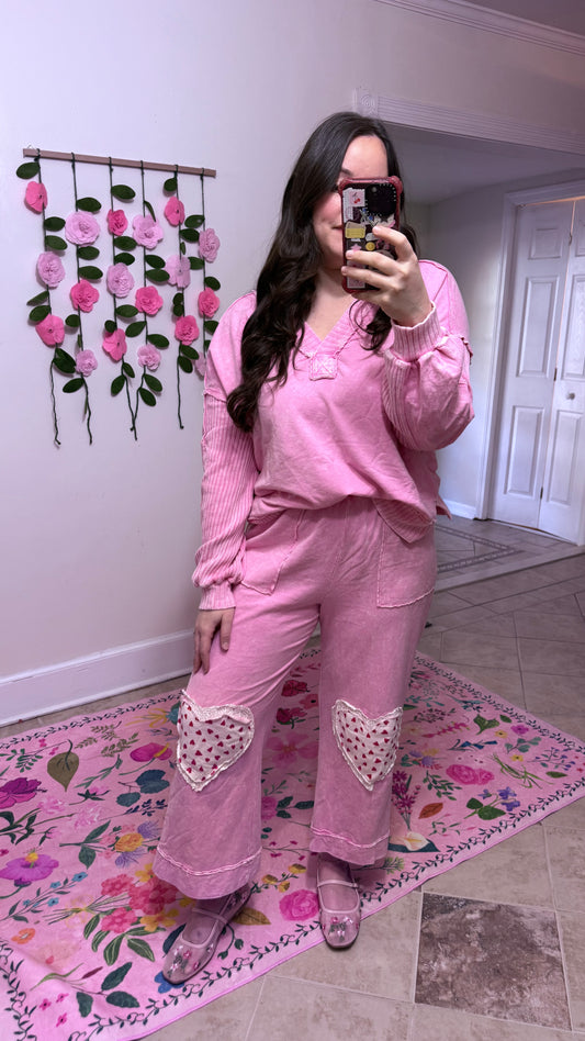 Bubblegum Pink Mineral Wash Ribbed V-Neck Terry Sweatshirt