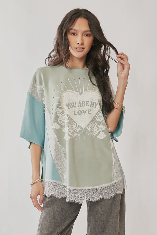 You Are My Love Graphic Lace Top – Sage Blue Short Sleeve