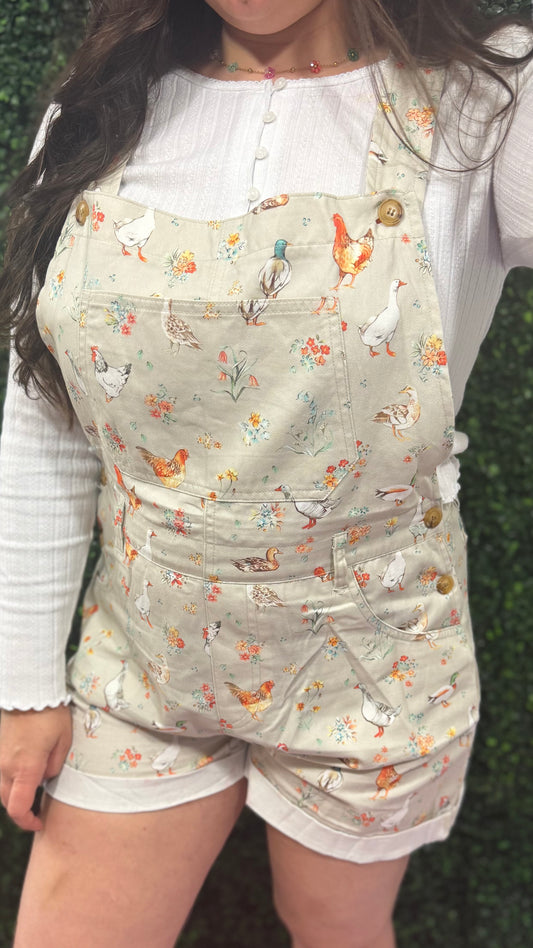 DUCKS AND CHICKENS PRINT SHORTALLS