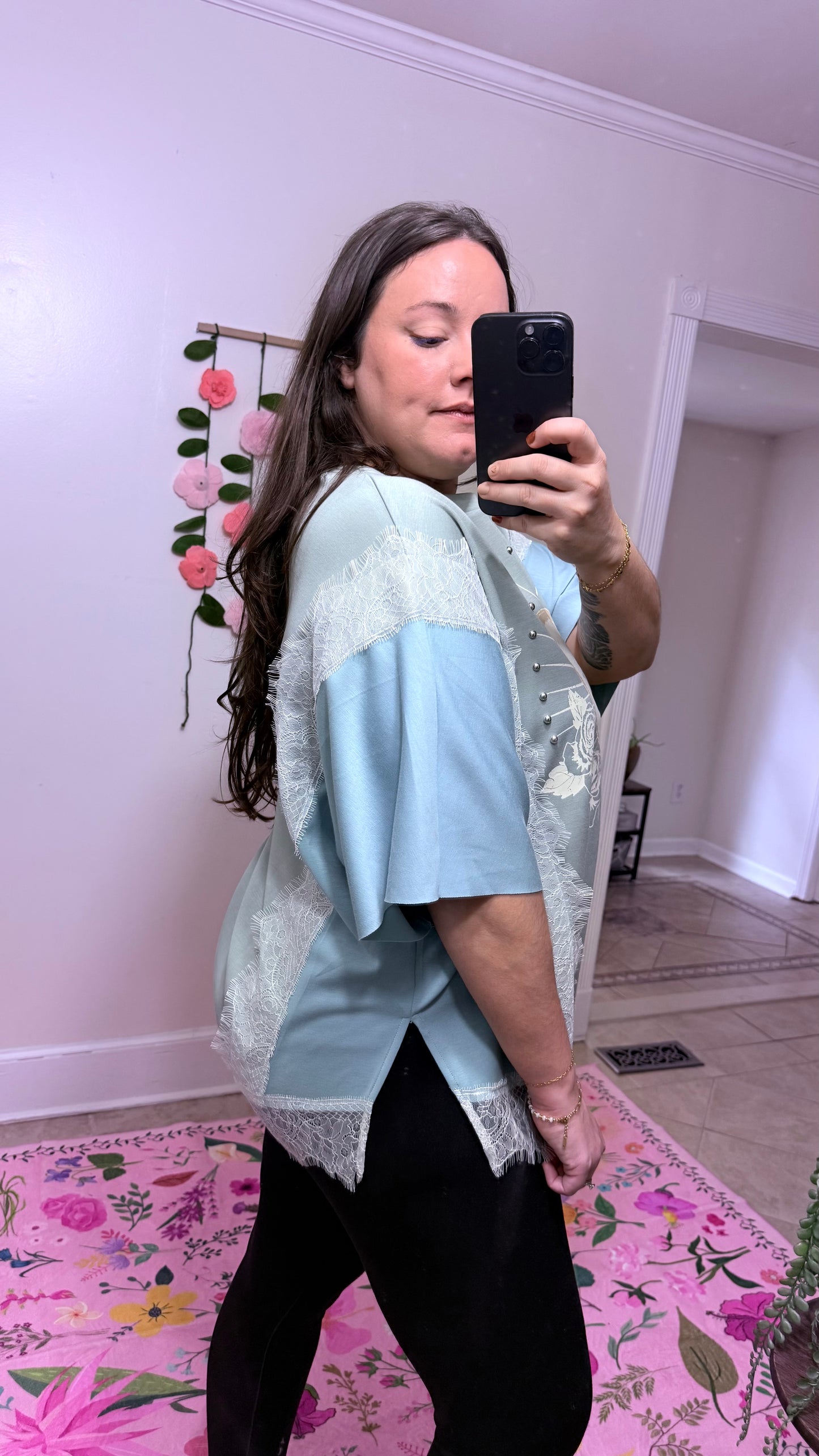 You Are My Love Graphic Lace Top – Sage Blue Short Sleeve