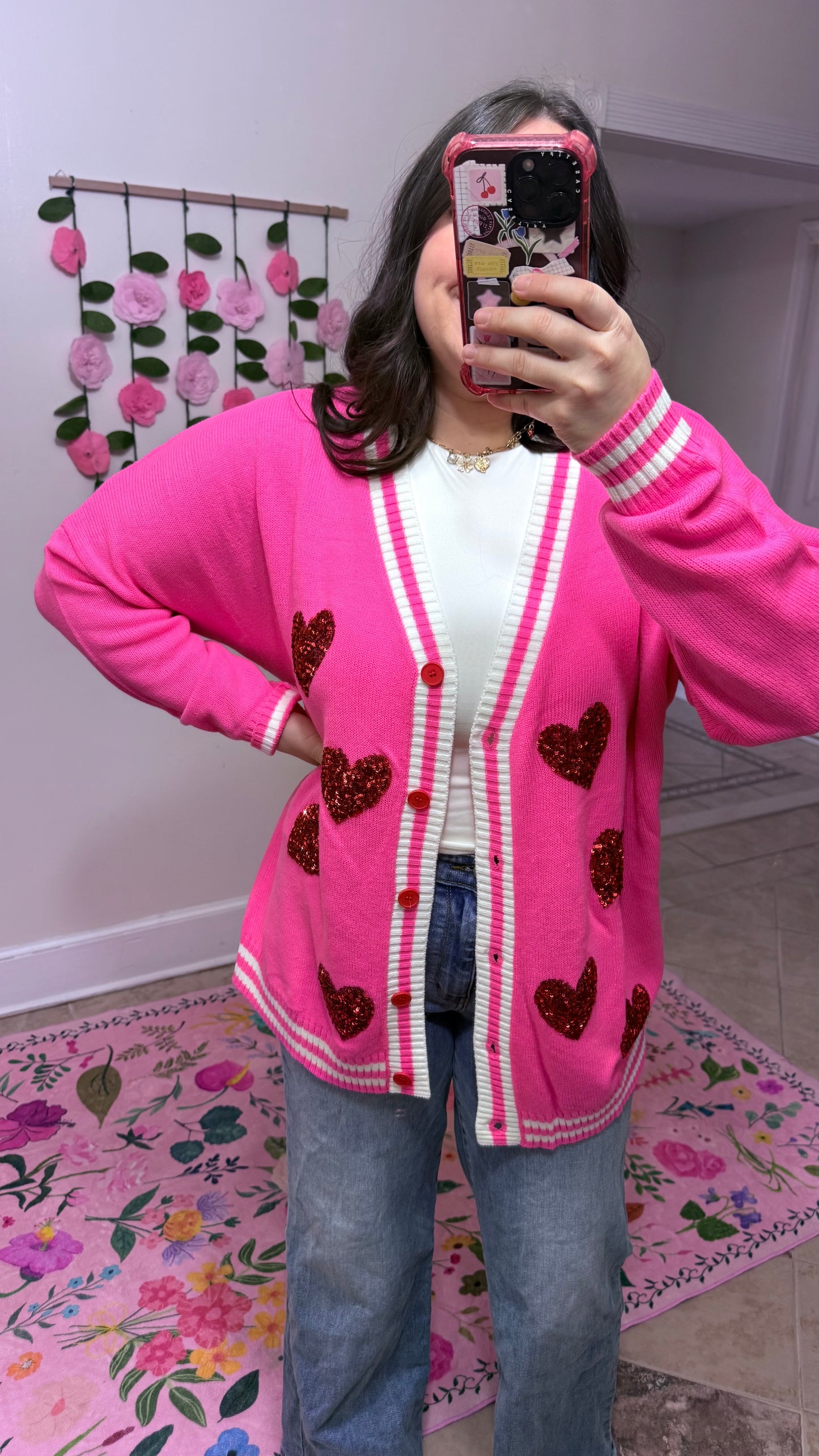Happy Heart Sequin Cardi – Pink Valentine Cardigan