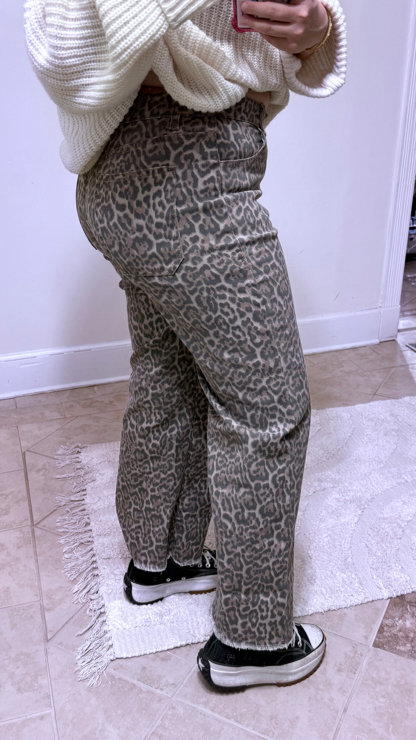 Leopard Print Wide Leg High Waist Jeans – Frayed Hem Denim Pants