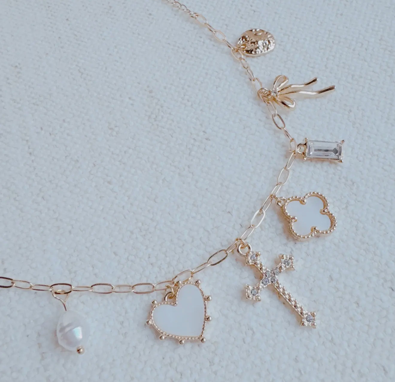 Cross Clover Charm Bracelet – Gold Plated Romantic Multi-Charm Jewelry