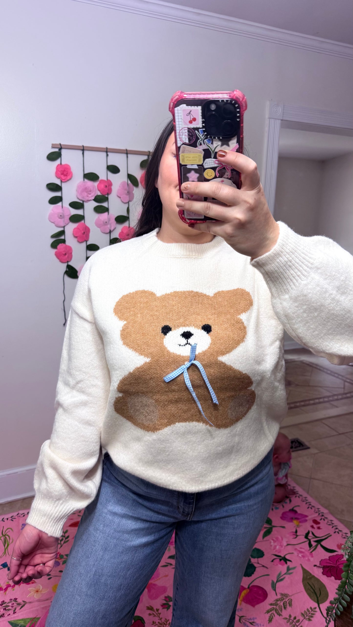 Teddy Love Knit Sweater – Cream Bear Pullover with Blue Ribbon Detail