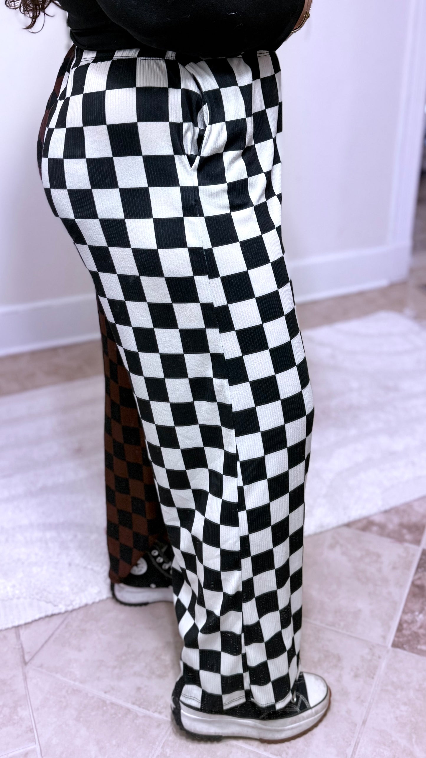 Split Decision Checkered Wide Leg Pants
