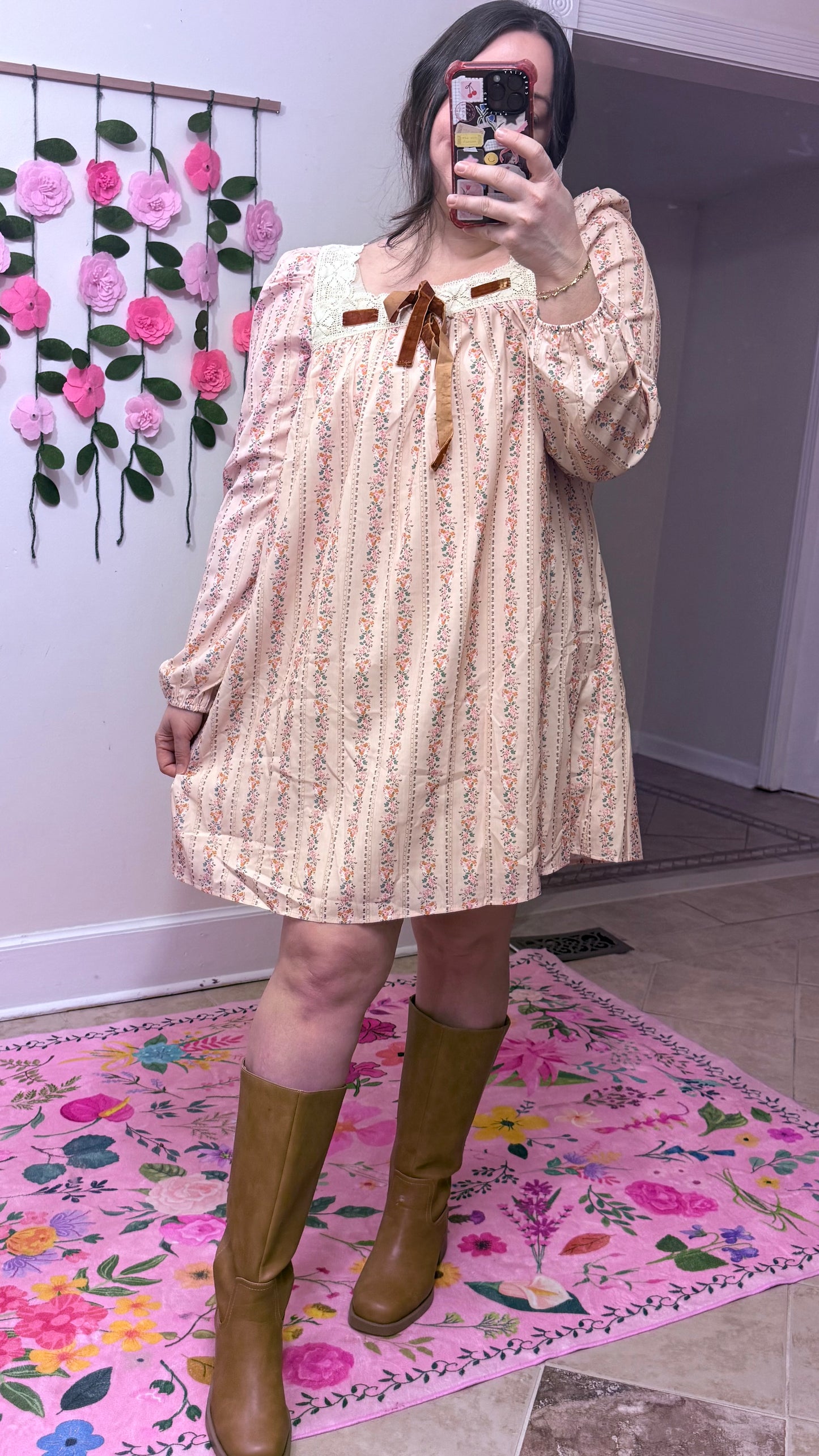 Velvet Bow Blossom Dress – Floral Long Sleeve Mini Dress with Lace Trim