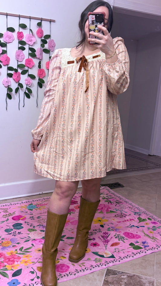 Velvet Bow Blossom Dress – Floral Long Sleeve Mini Dress with Lace Trim