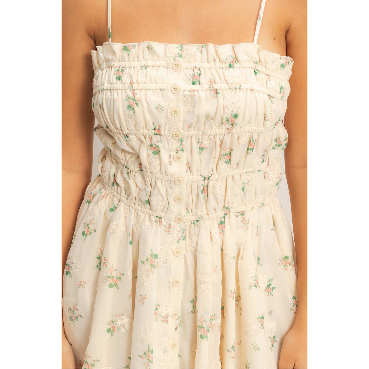 Shirred Floral Button-Front Mini