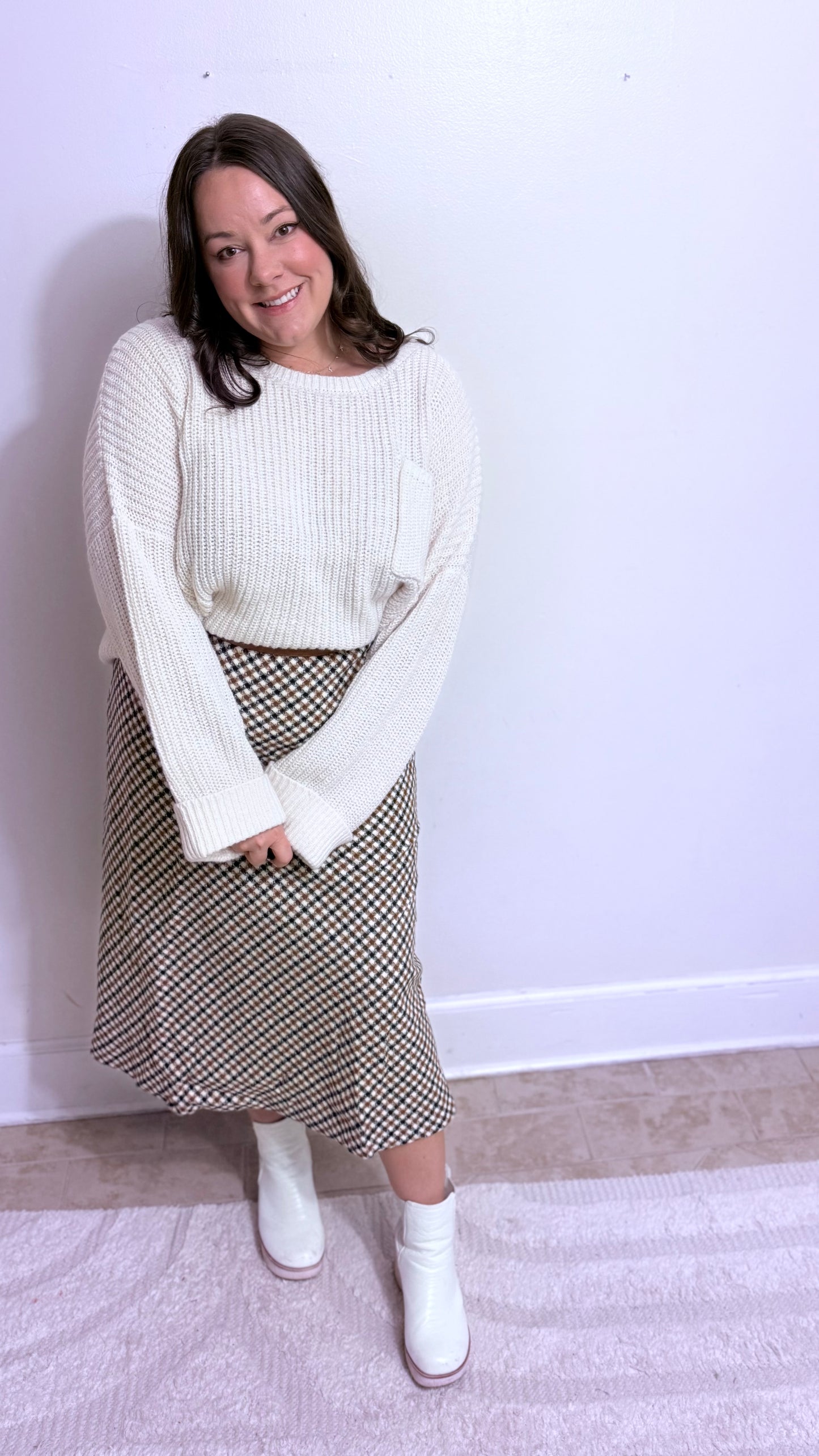 Cinnamon Houndstooth Midi Skirt