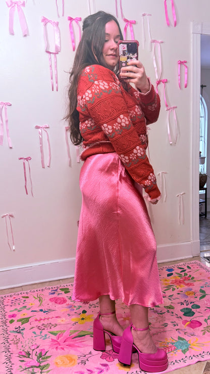 Rose Pink Satin Midi Skirt