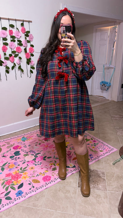 Merry Bow-Tied Plaid Dress