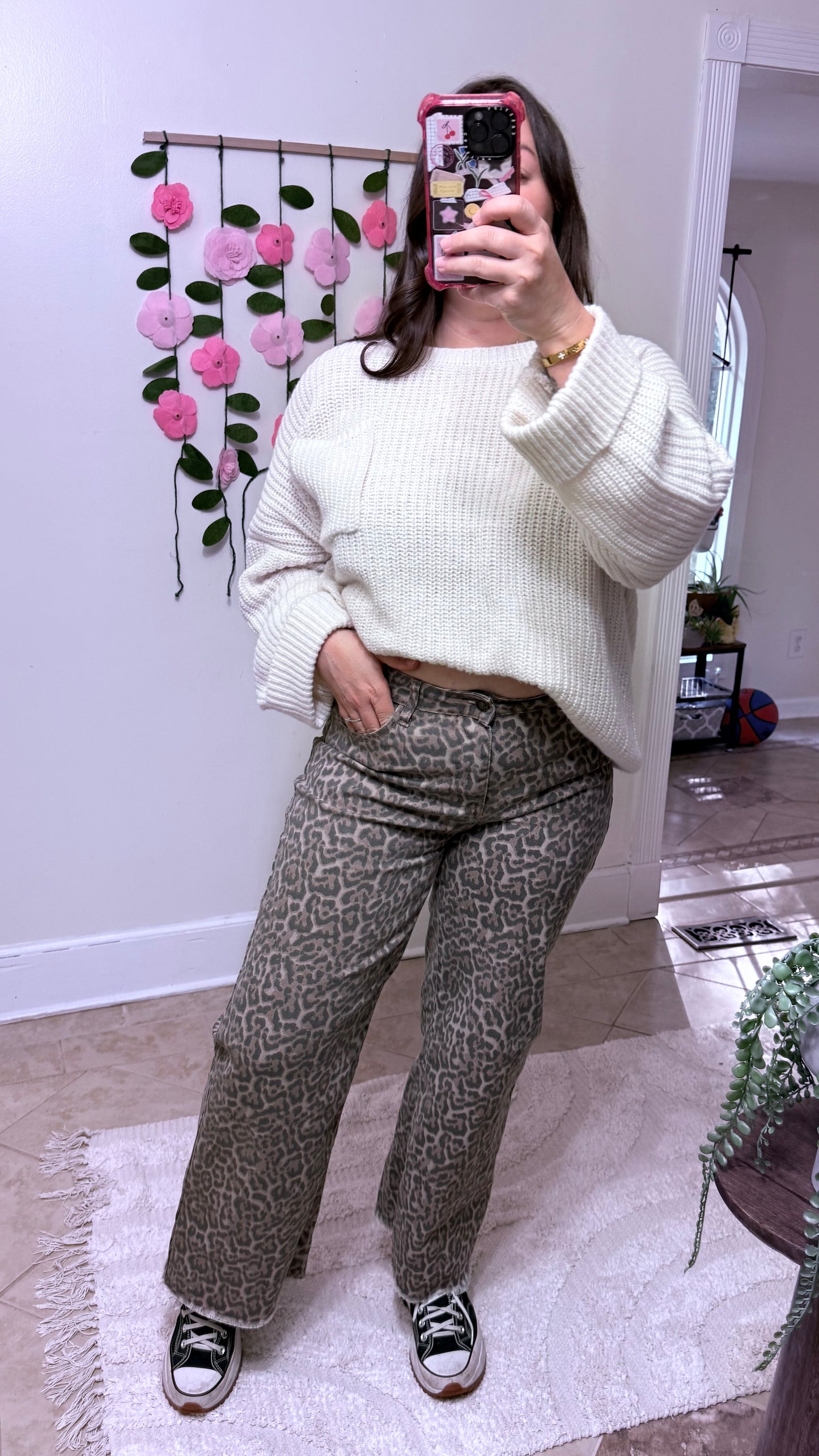 Leopard Print Wide Leg High Waist Jeans – Frayed Hem Denim Pants