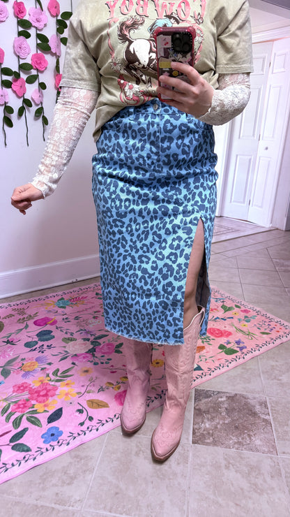 Leopard Denim Midi Skirt