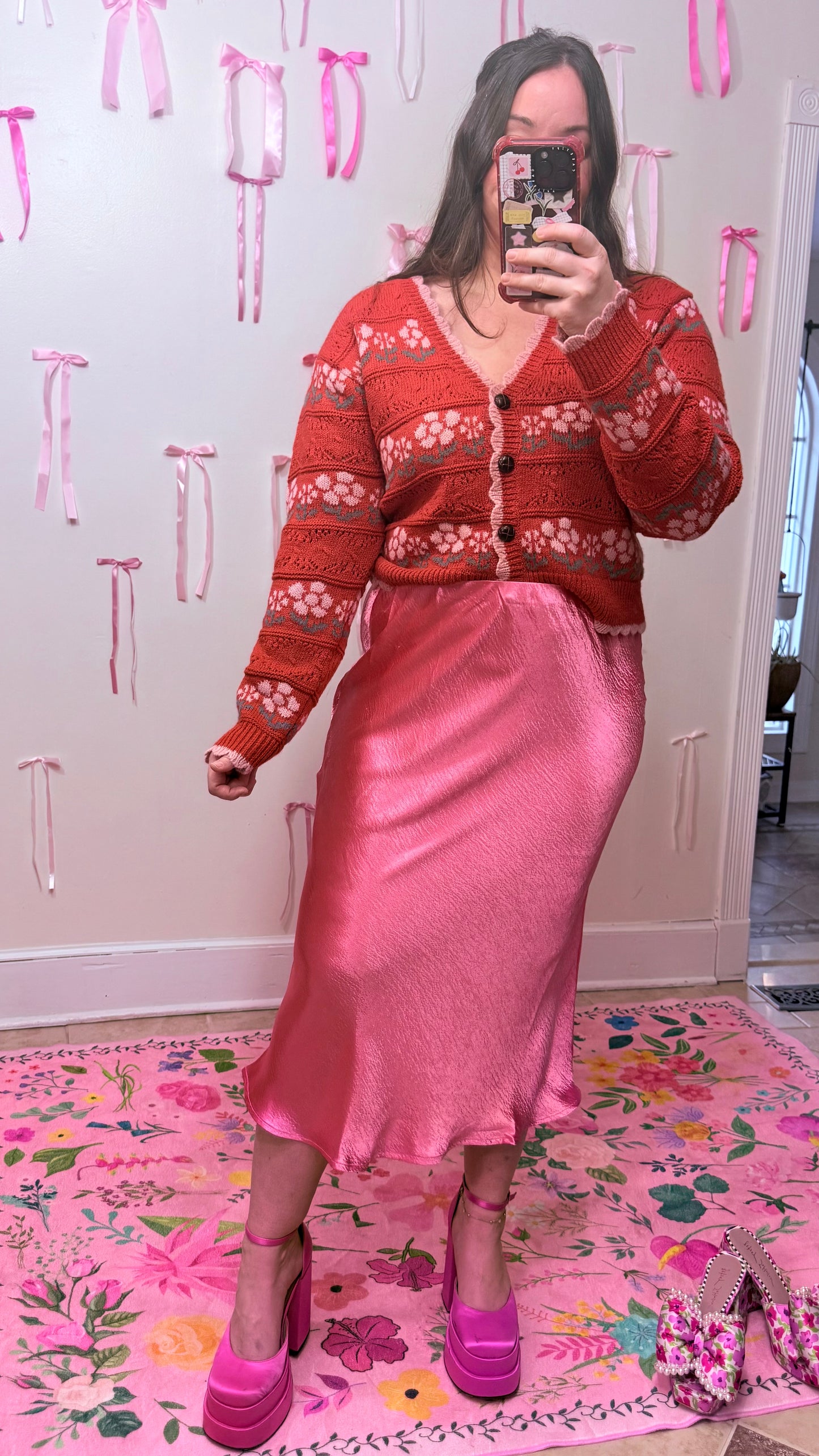 Rose Pink Satin Midi Skirt