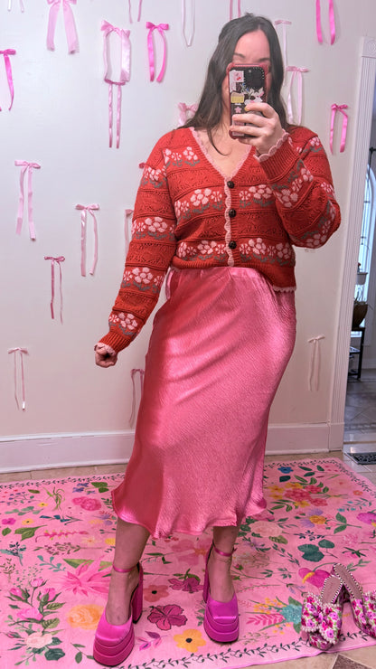 Rose Pink Satin Midi Skirt