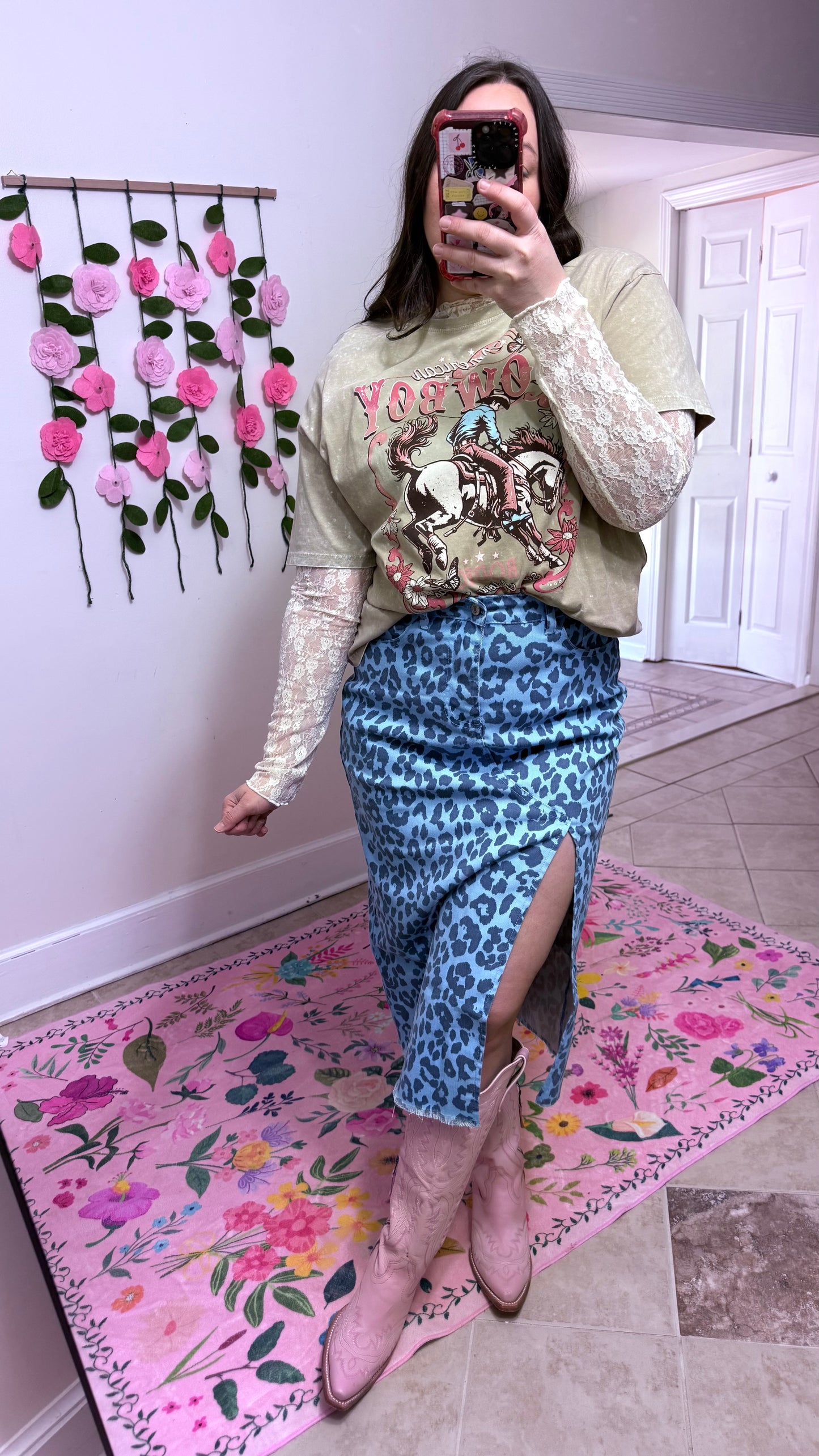 Leopard Denim Midi Skirt