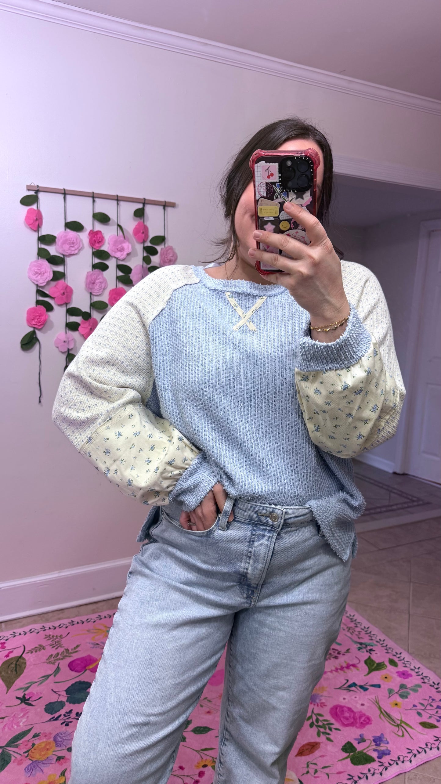 Blue Floral Raglan Knit Top | Casual Colorblock Long Sleeve