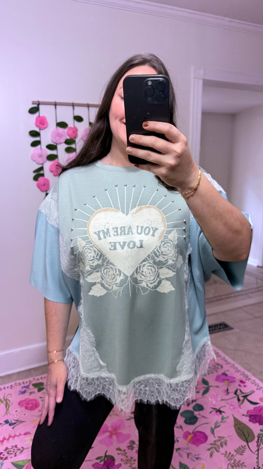 You Are My Love Graphic Lace Top – Sage Blue Short Sleeve