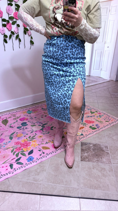 Leopard Denim Midi Skirt