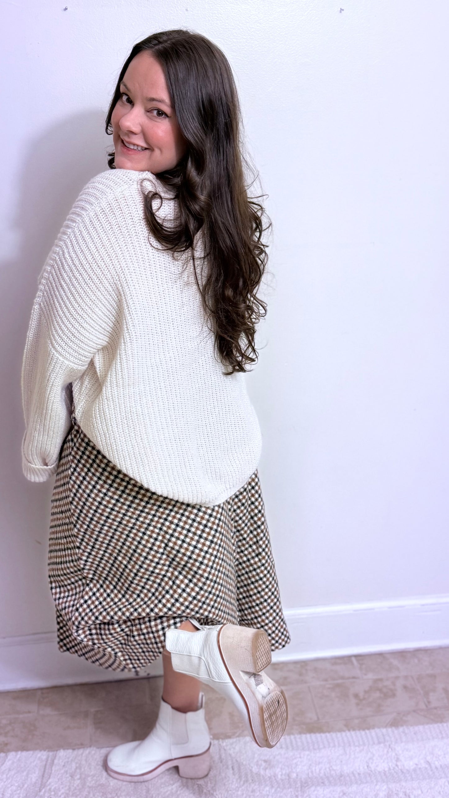 Cinnamon Houndstooth Midi Skirt
