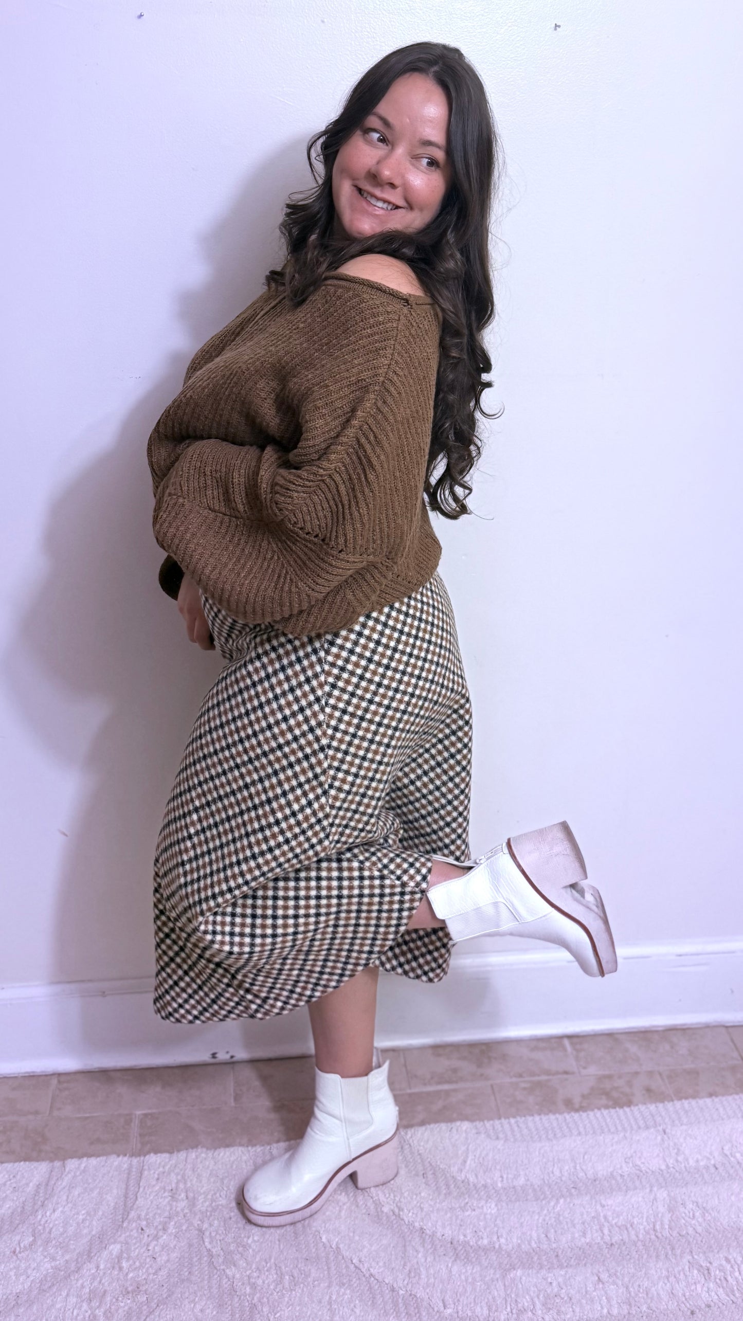 Cinnamon Houndstooth Midi Skirt