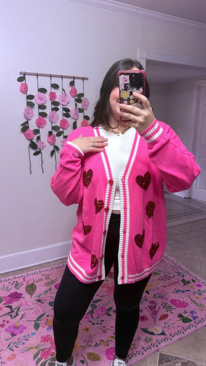 Happy Heart Sequin Cardi – Pink Valentine Cardigan