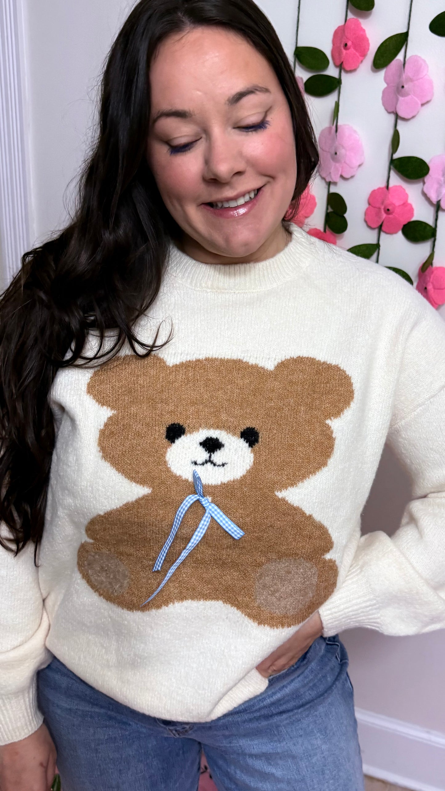 Teddy Love Knit Sweater – Cream Bear Pullover with Blue Ribbon Detail