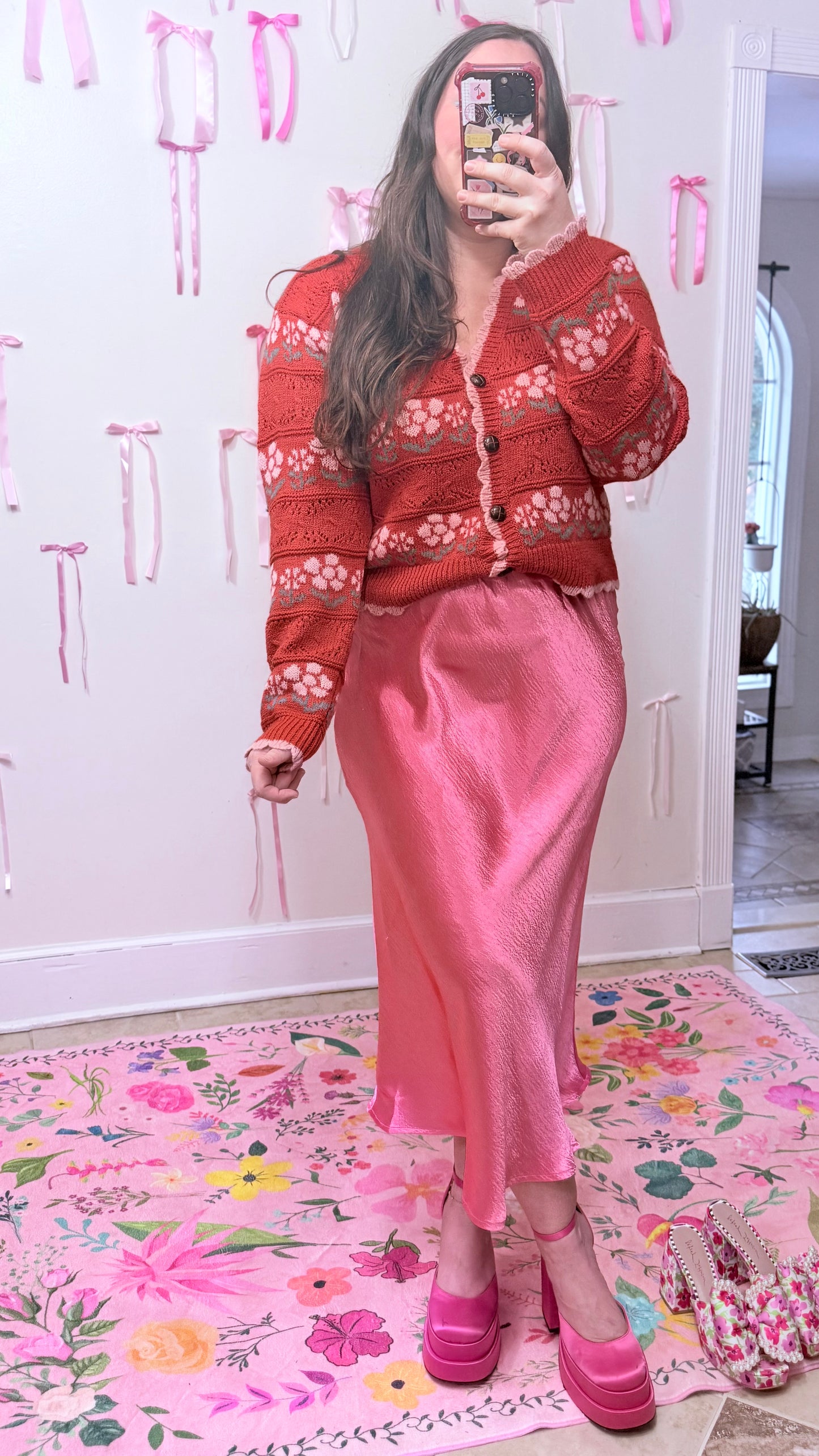 Rose Pink Satin Midi Skirt