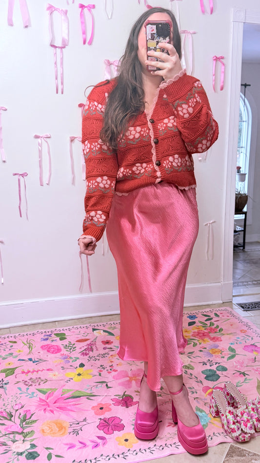 Rose Pink Satin Midi Skirt