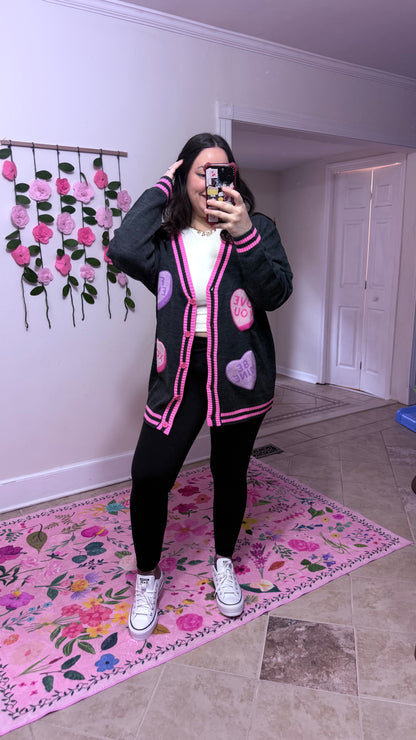Candy Heart Cardi – Chenille Patch Valentine Cardigan