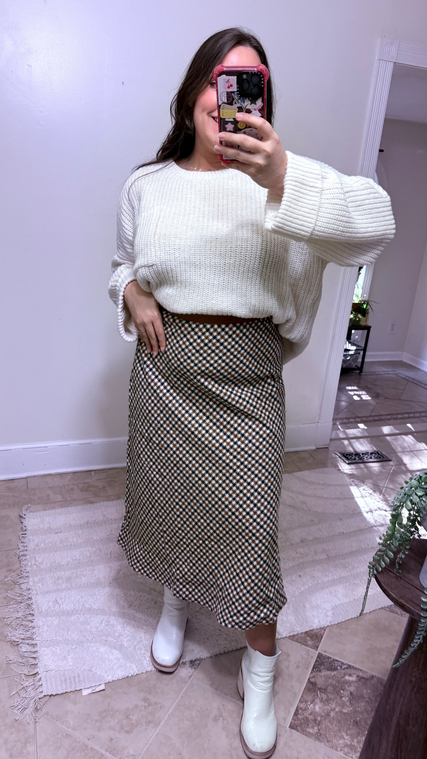 Cinnamon Houndstooth Midi Skirt