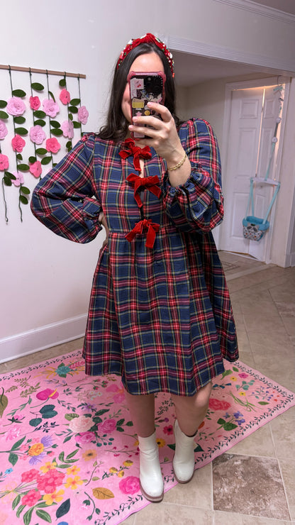 Merry Bow-Tied Plaid Dress