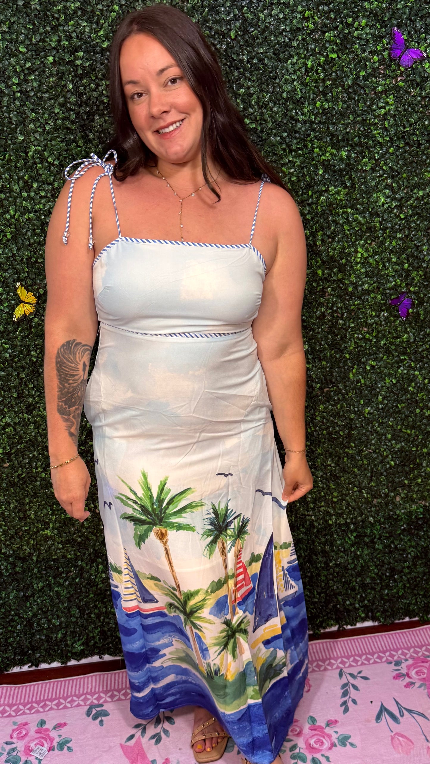 Coastal Sailboat Print Tie Strap Maxi Dress