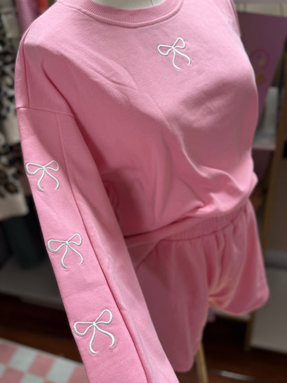 Bow Embroidered Pink Lounge Set | Hello HoneyPie Boutique