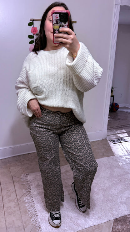 Leopard Print Wide Leg High Waist Jeans – Frayed Hem Denim Pants