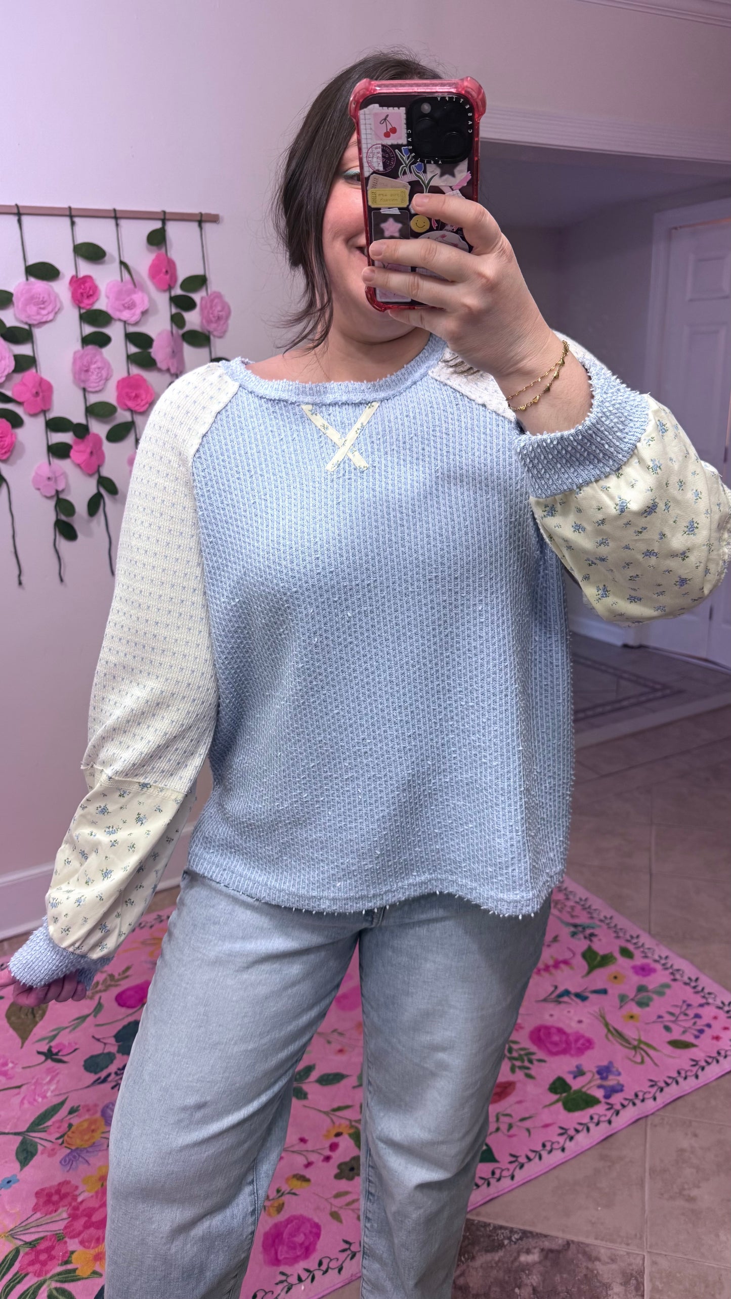 Blue Floral Raglan Knit Top | Casual Colorblock Long Sleeve