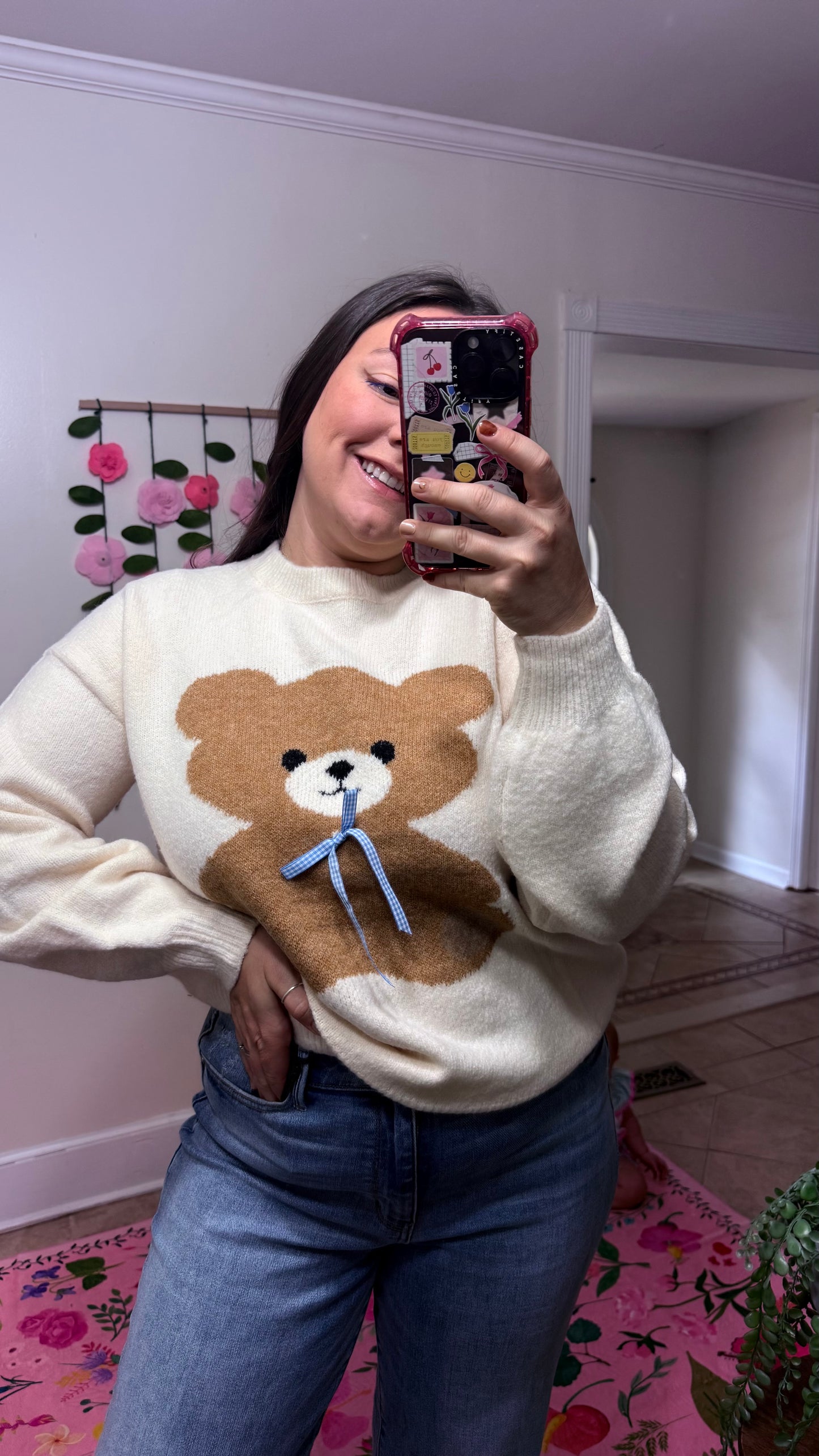 Teddy Love Knit Sweater – Cream Bear Pullover with Blue Ribbon Detail