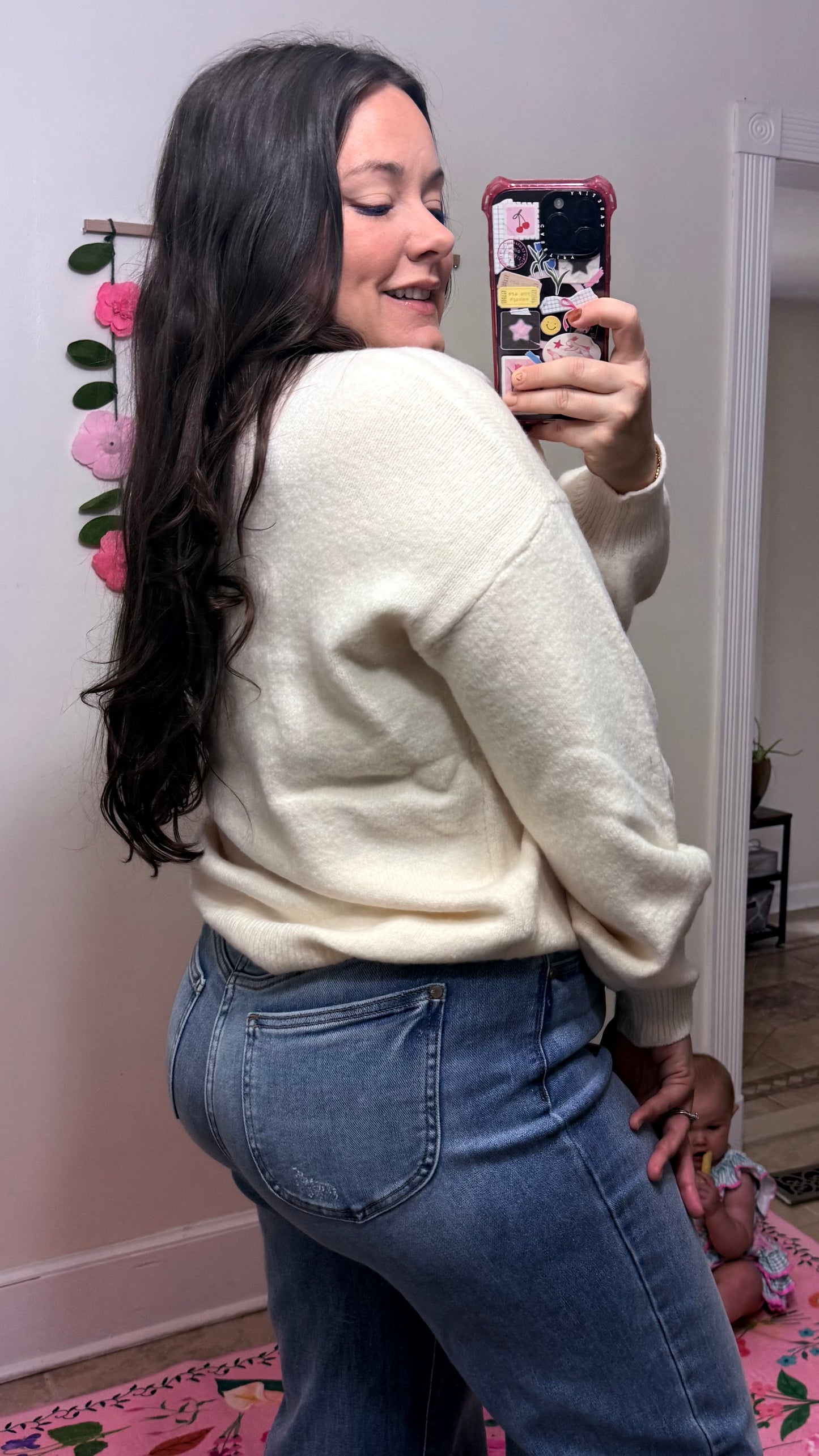 Teddy Love Knit Sweater – Cream Bear Pullover with Blue Ribbon Detail