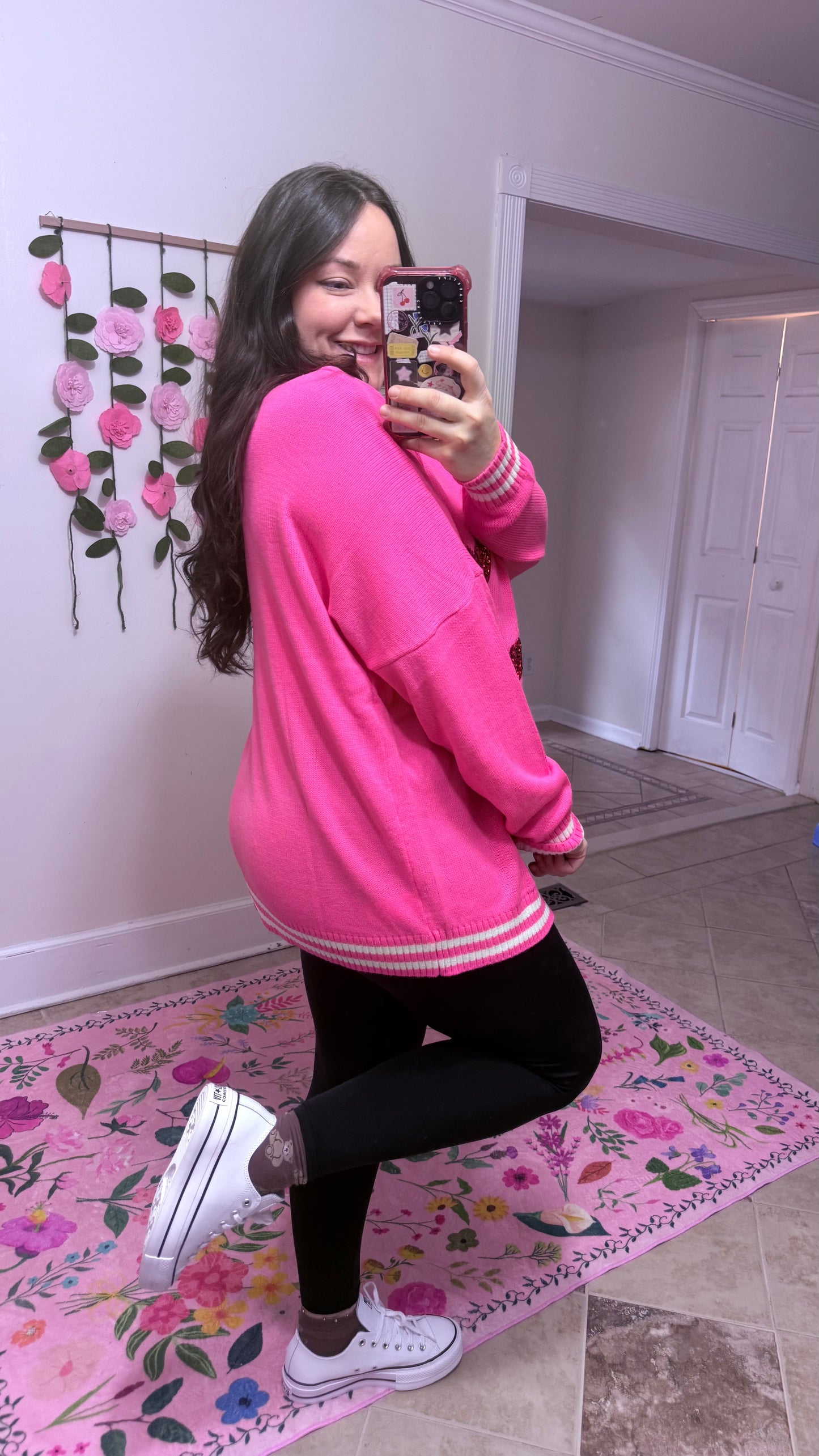 Happy Heart Sequin Cardi – Pink Valentine Cardigan