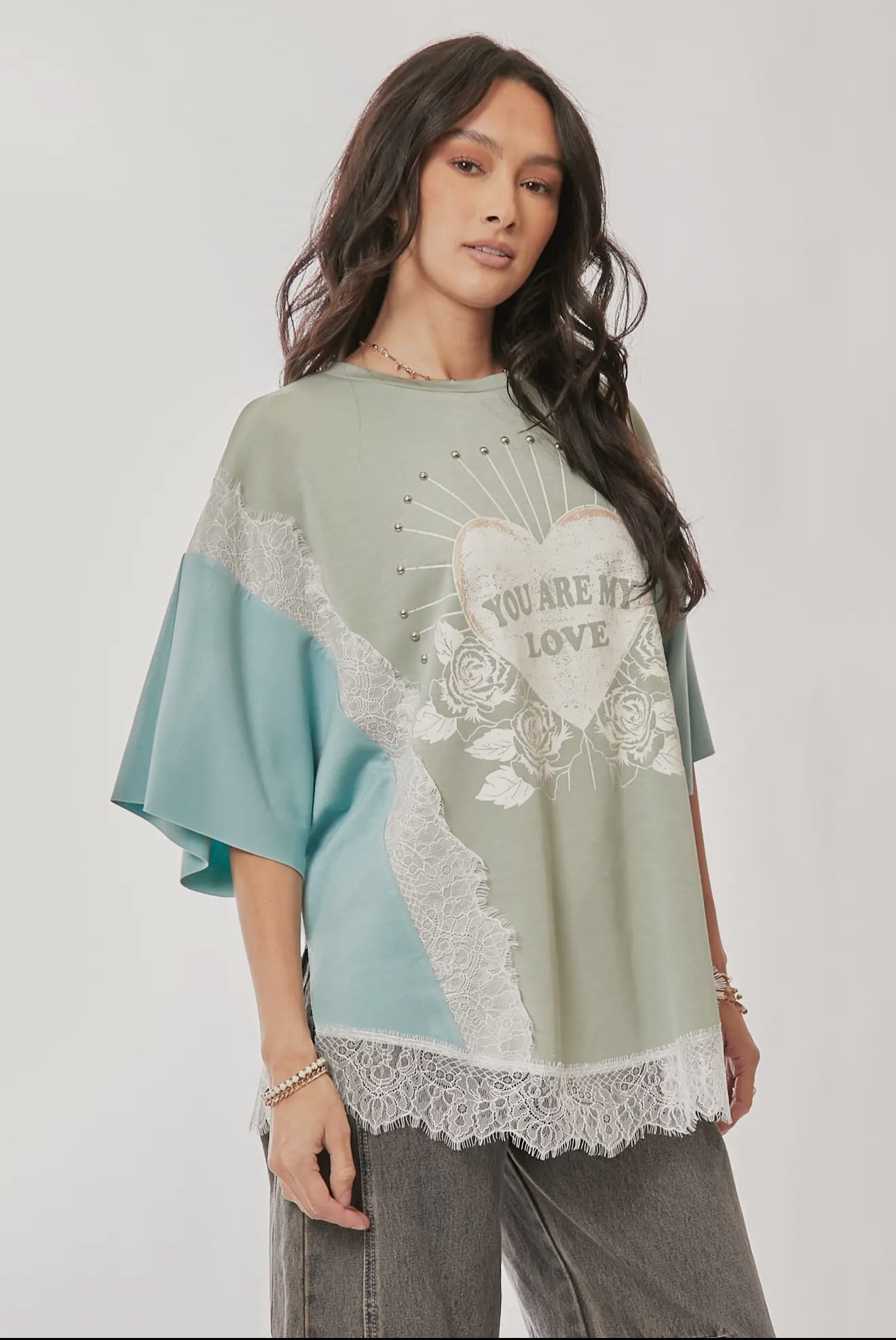 You Are My Love Graphic Lace Top – Sage Blue Short Sleeve