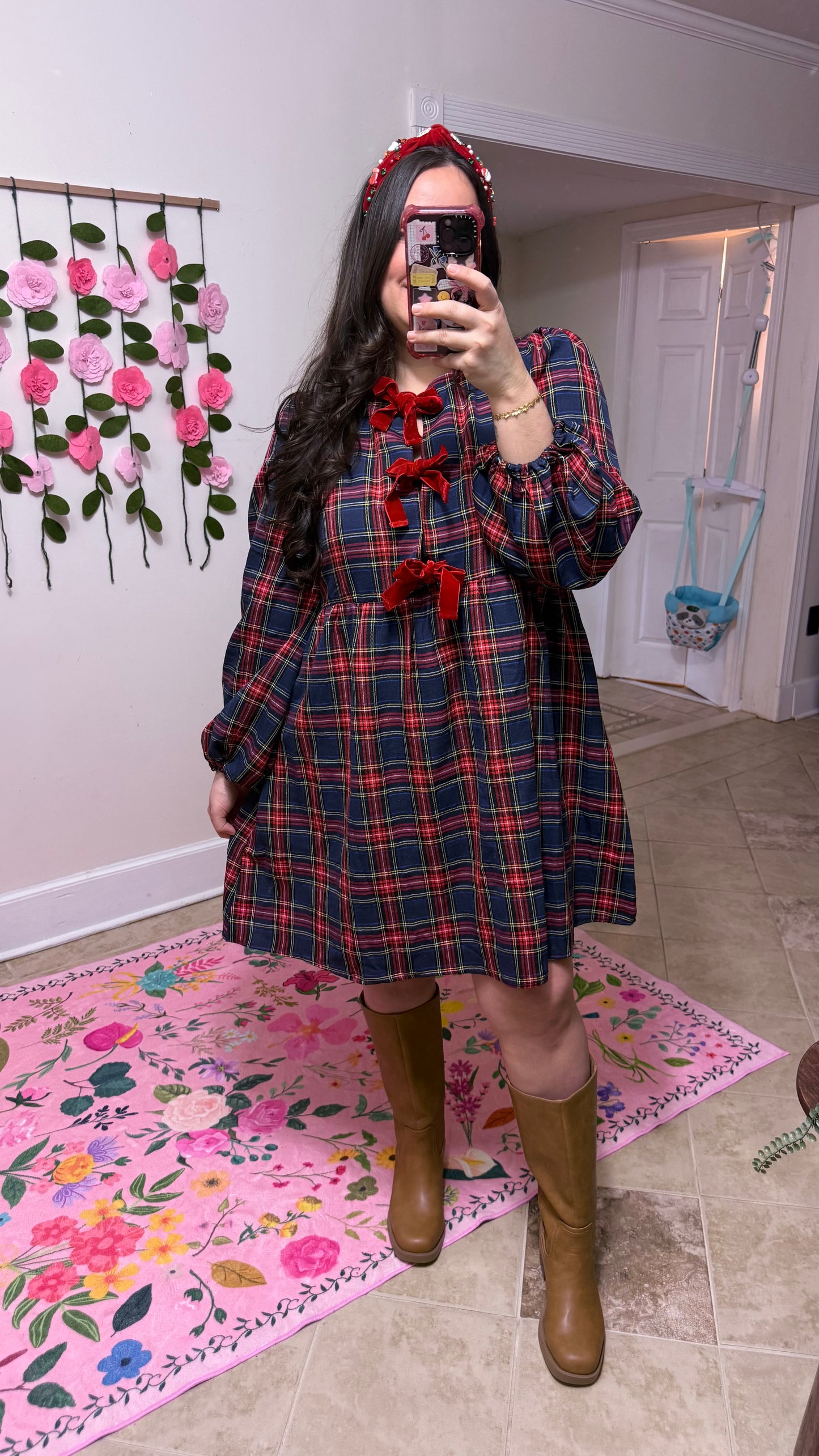 Merry Bow-Tied Plaid Dress