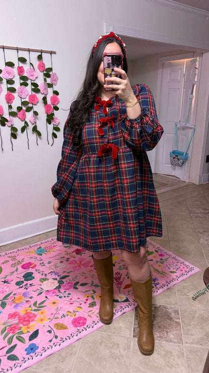 Merry Bow-Tied Plaid Dress