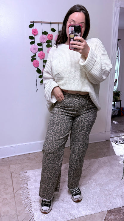 Leopard Print Wide Leg High Waist Jeans – Frayed Hem Denim Pants