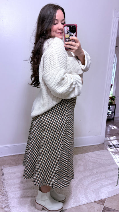 Cinnamon Houndstooth Midi Skirt